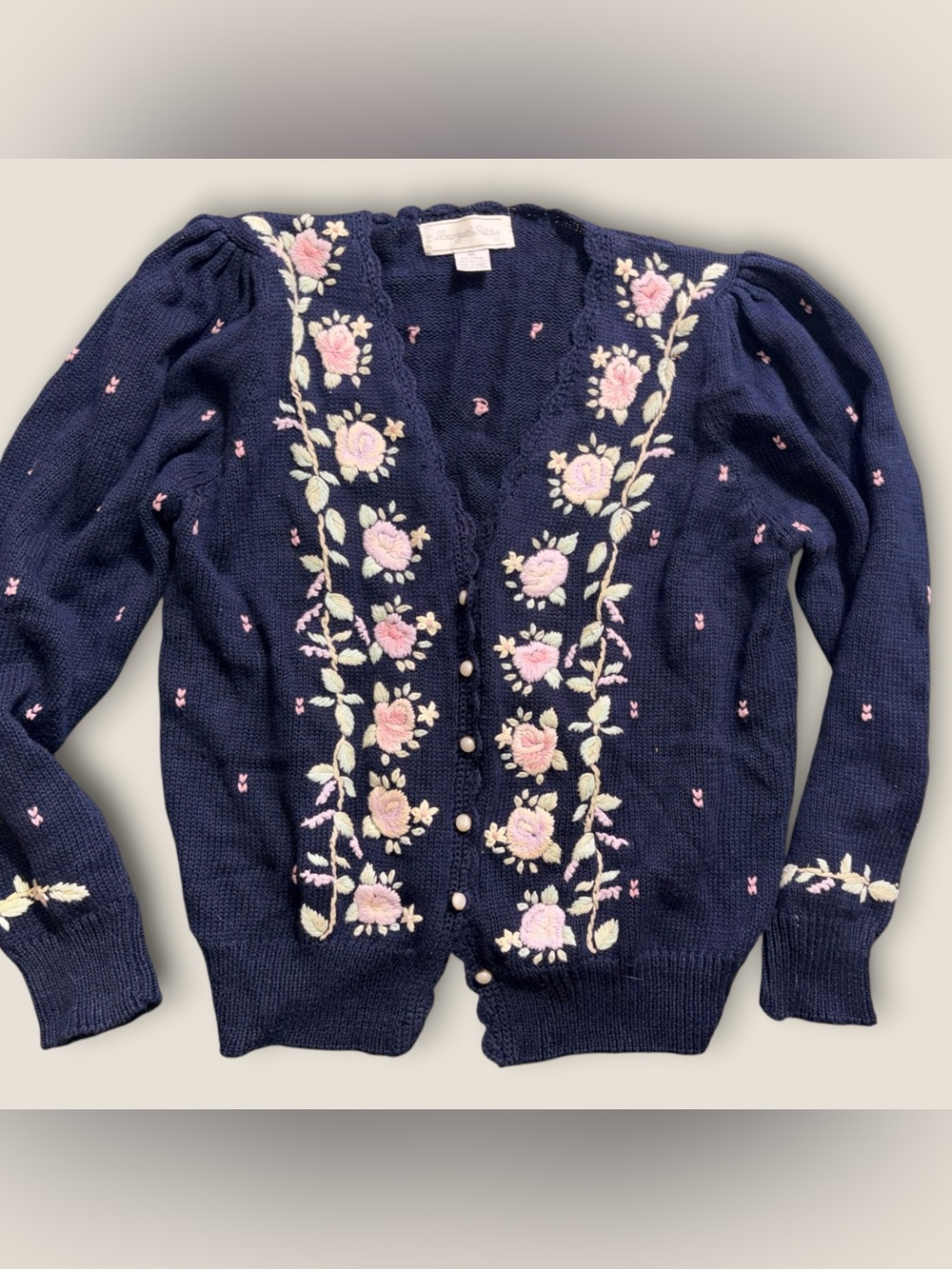 Vintage 90s Susan Bristol Navy Hand Embroidered Floral Cardigan Opal Buttons